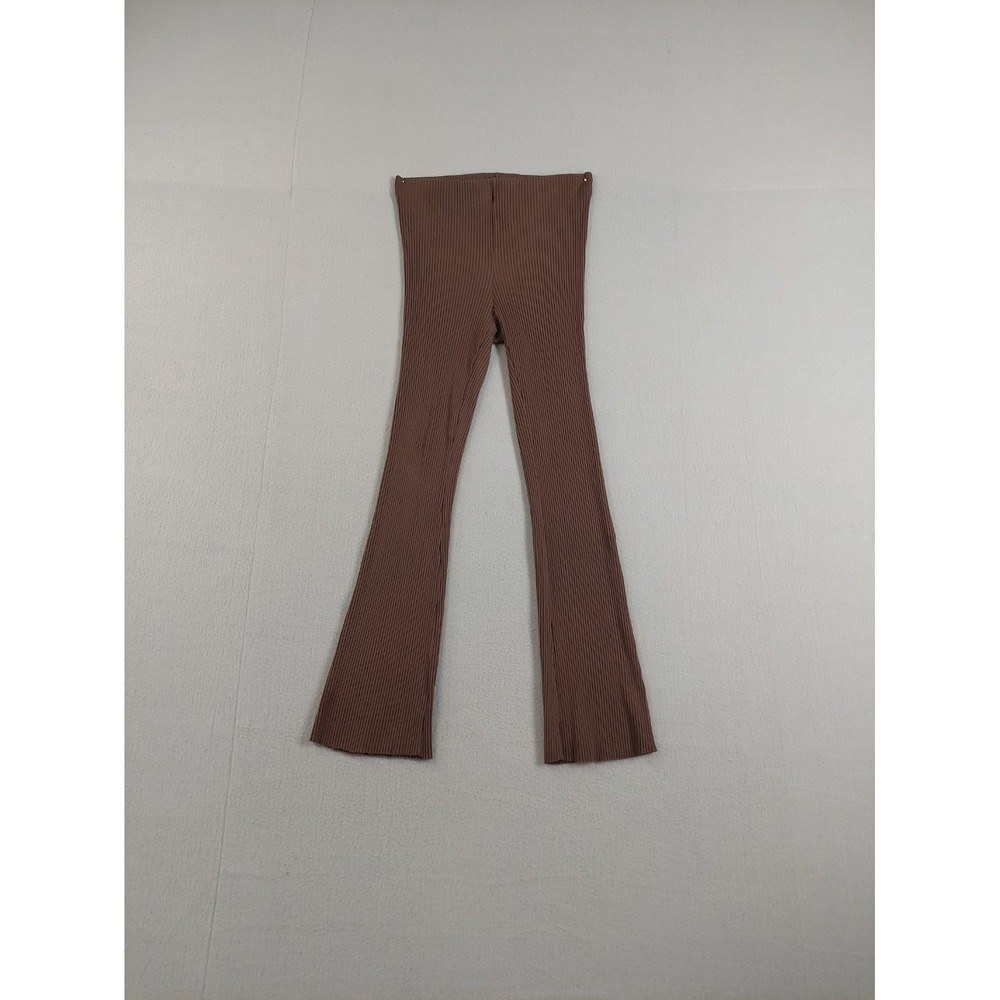 H&M Women Pants L Brown Pull On Flared High Rise Stretched Ribbed Logo Casual